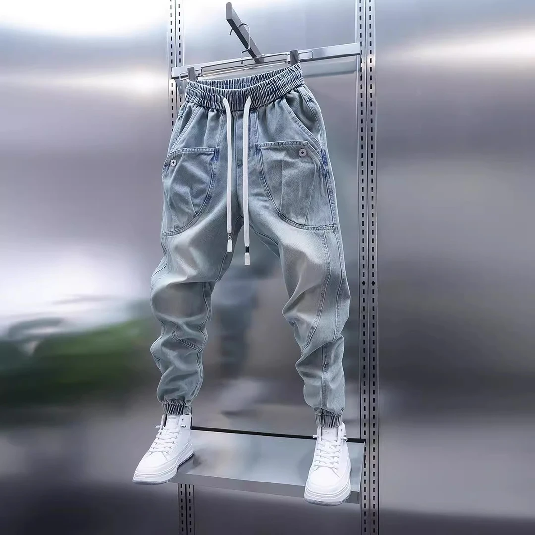 2025春秋季水洗牛仔裤男大口袋束脚哈伦裤浅蓝色痞帅束脚休闲裤