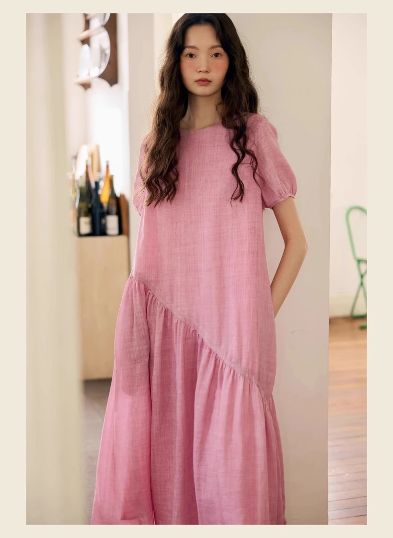 【苎麻连衣裙】法式连衣裙女夏高级感短袖粉色A字中长款裙子