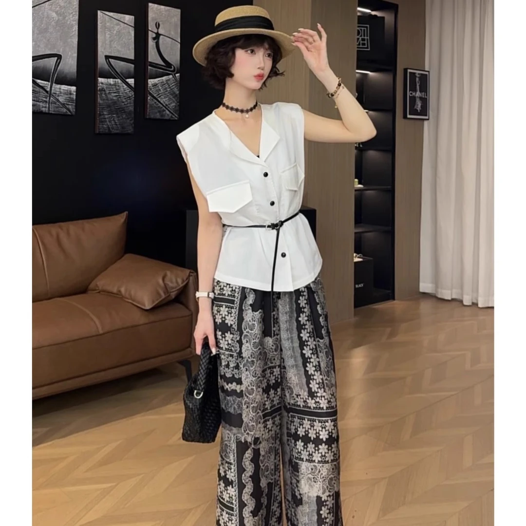 复古印花阔腿裤女2025夏季新款宽松抽绳松紧腰气质休闲冰丝直筒裤