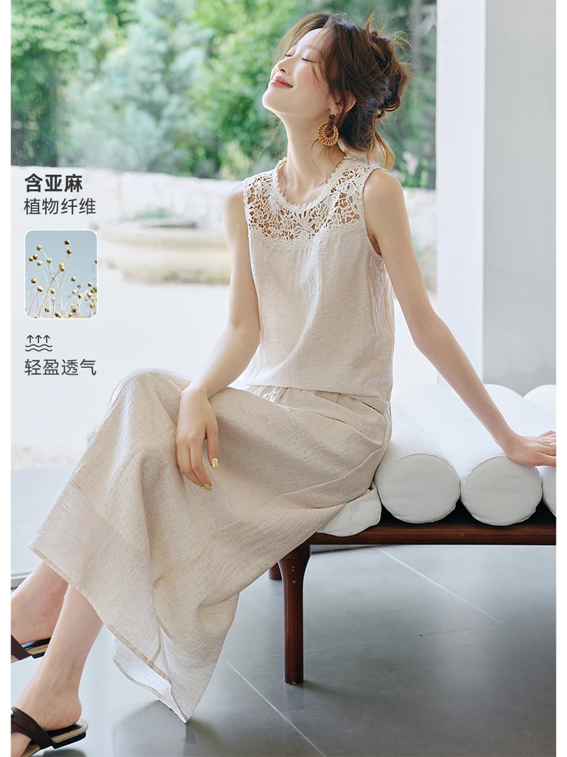 亚麻复古蕾丝镂空优雅套装2025夏季新款拼接衬衫半身裙套装女