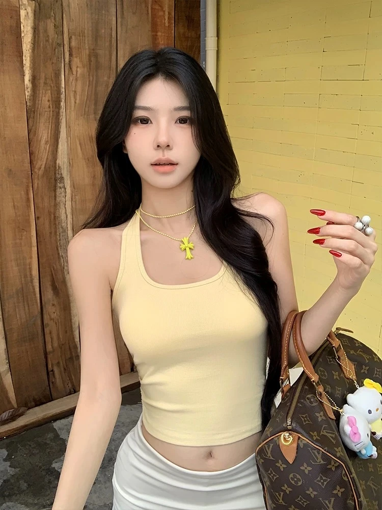 纯棉独特穿搭挂脖吊带背心u领女炸街夏日遮副乳纯欲辣妹修身上衣