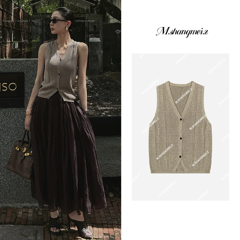 M.SHANGMEI.Z/沐熙【素衫马甲】美大哥简约V领编织纹理马甲X042321