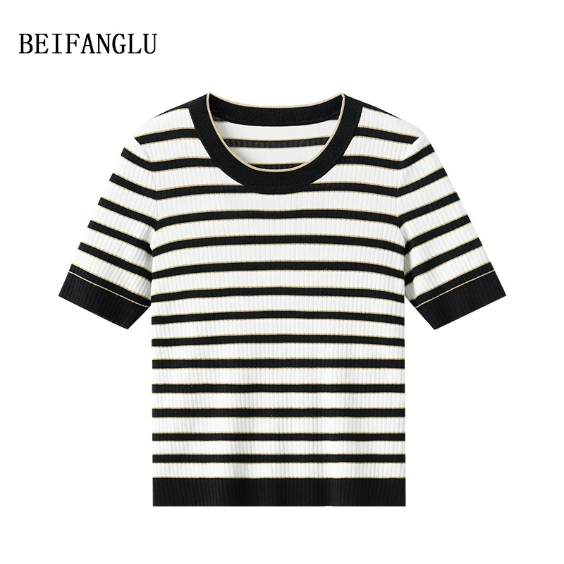 北方鹿【莱赛尔棉桑蚕丝】法式经典条纹显瘦坑条圆领针织短袖XY302