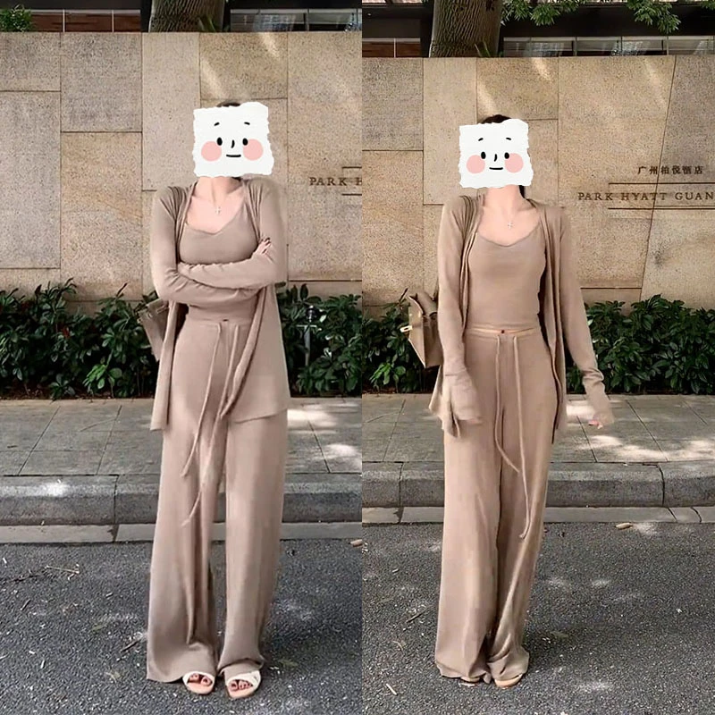 韩系高级感ins气质名媛百搭开衫内搭阔腿裤修身显瘦三件套装