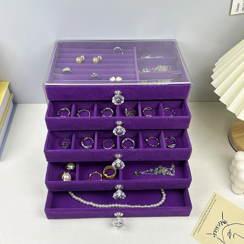 爆款奢华紫色首饰多层抽屉式首饰收纳耳环梳妆台收纳盒大容量