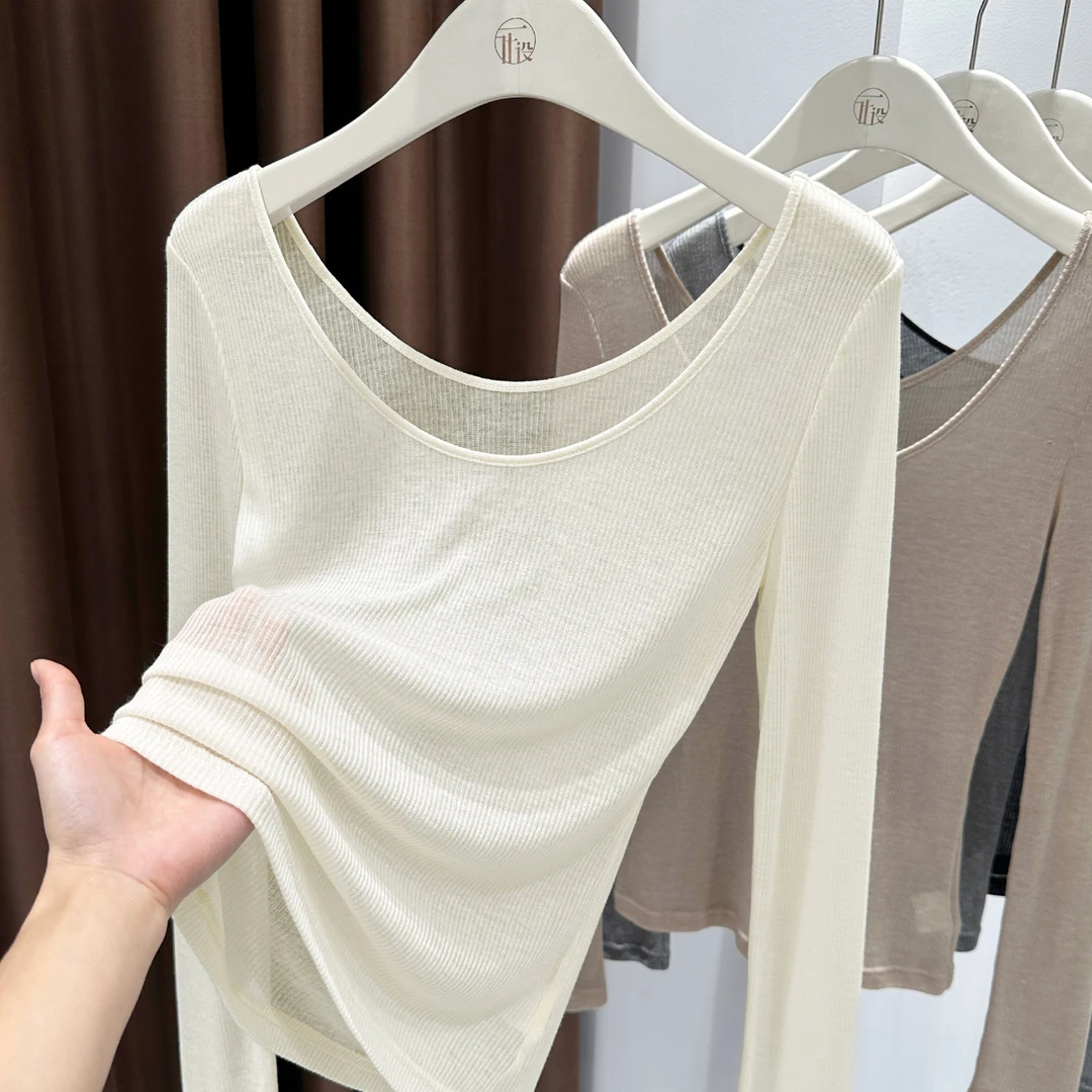 杏色休闲风圆领长袖T恤女秋冬新款洋气螺纹针织上衣修身透气小衫