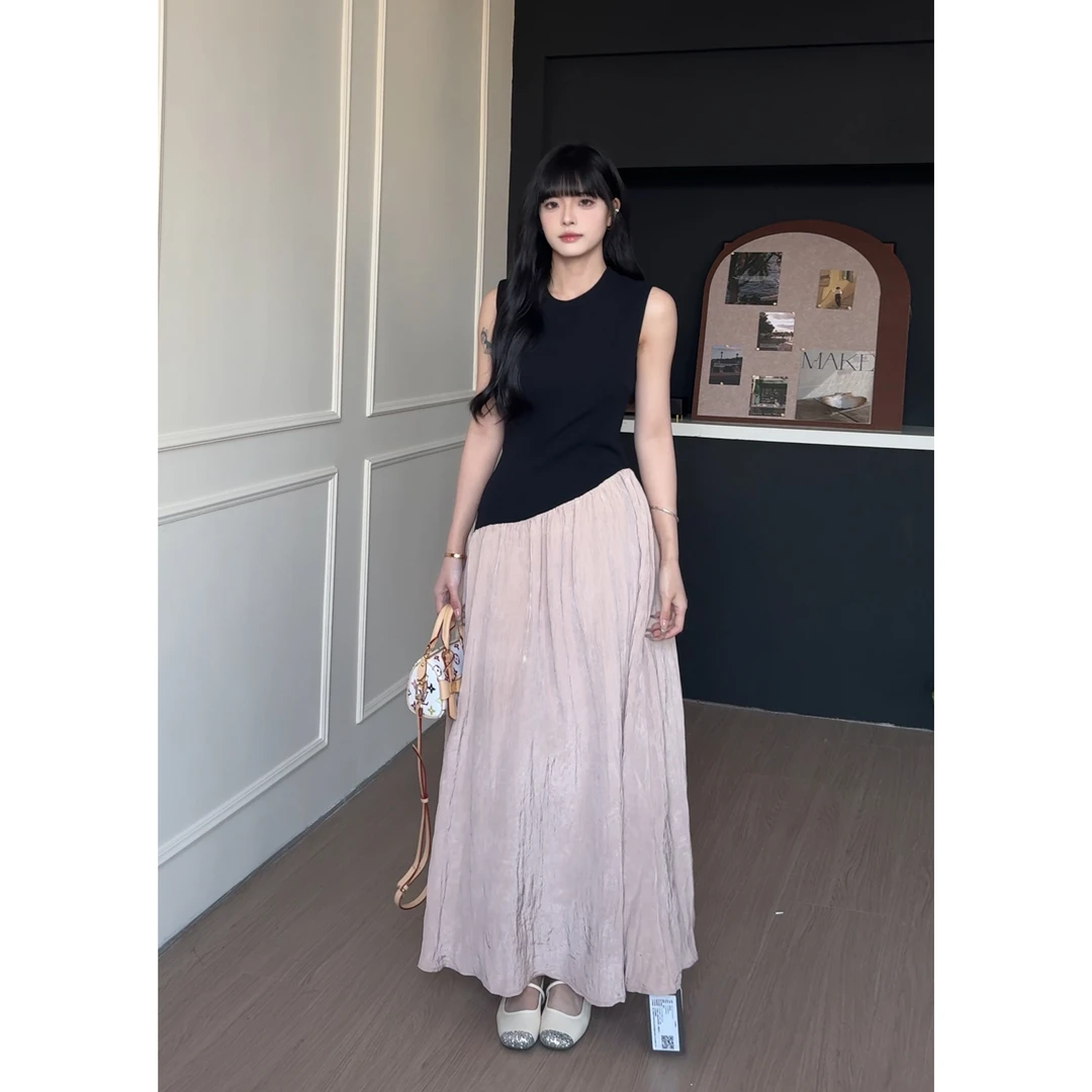 RICHINCHEESE 灰粉格调 千金气质风黑粉撞色拼接收腰连衣裙时尚