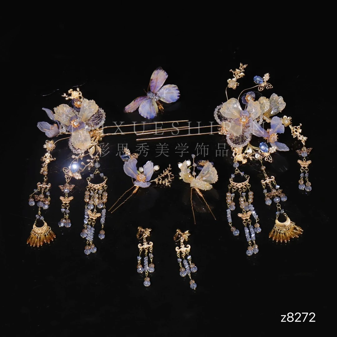 z8272新款浅色减龄蓝色蝴蝶气质大气中式婚礼秀禾古风新娘头饰