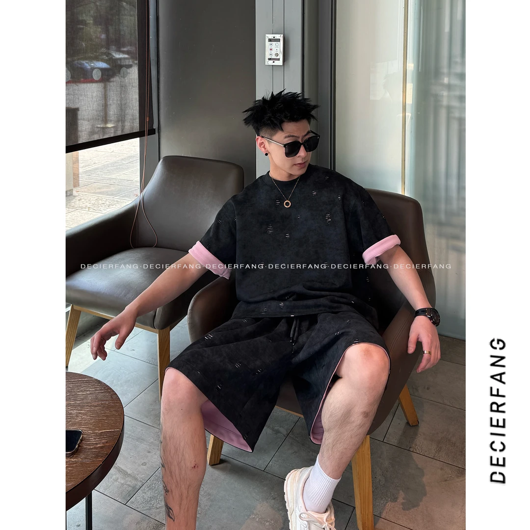 DF25ss【定制特殊面料】夏季休闲轻奢极简撞色翻边短袖短裤套装男潮