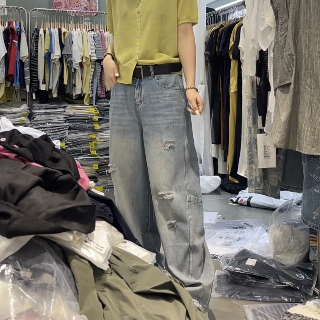 夏季高腰休闲牛仔裤女夏季洋气百搭显瘦痞帅窄版直筒破洞牛仔裤