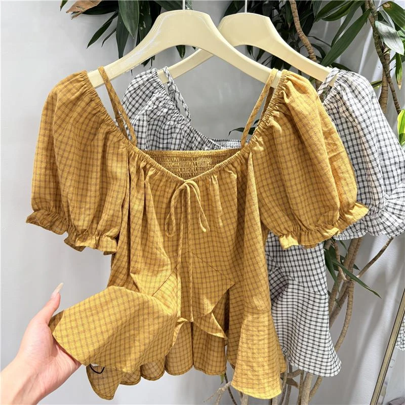 2025早秋新款韩版时尚圆领格子拼接吊带衬衫女宽松显瘦百搭上衣