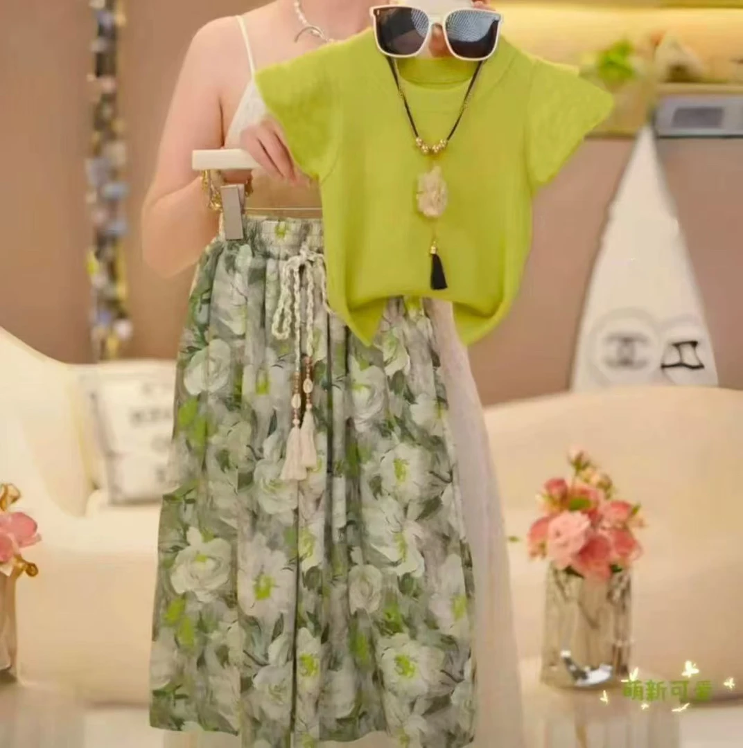 （现货）女童荷叶边短袖套装2025超薄花边T恤雪纺碎花阔腿裤防蚊薄