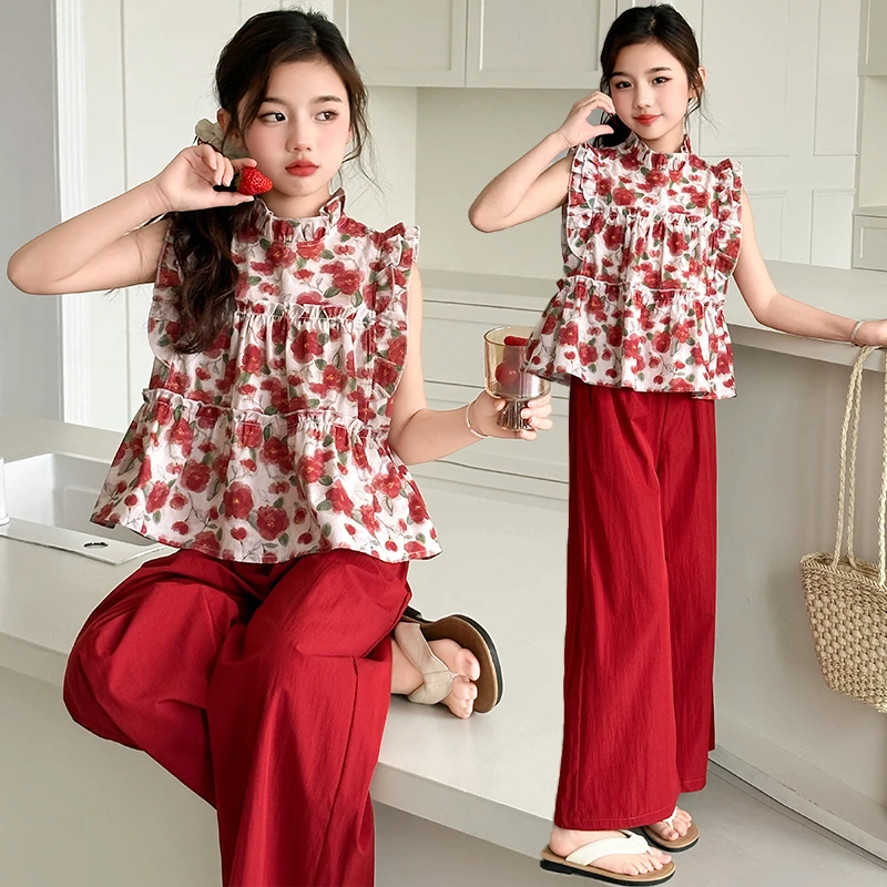 女童夏季套装2025新款洋气甜美风夏装6-12岁15岁女孩无袖阔腿裤子