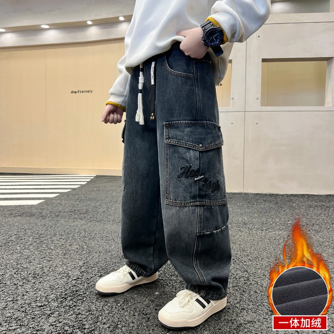 男童加绒牛仔裤秋冬款2026新款儿童冬季一体绒加厚裤子大男孩冬装