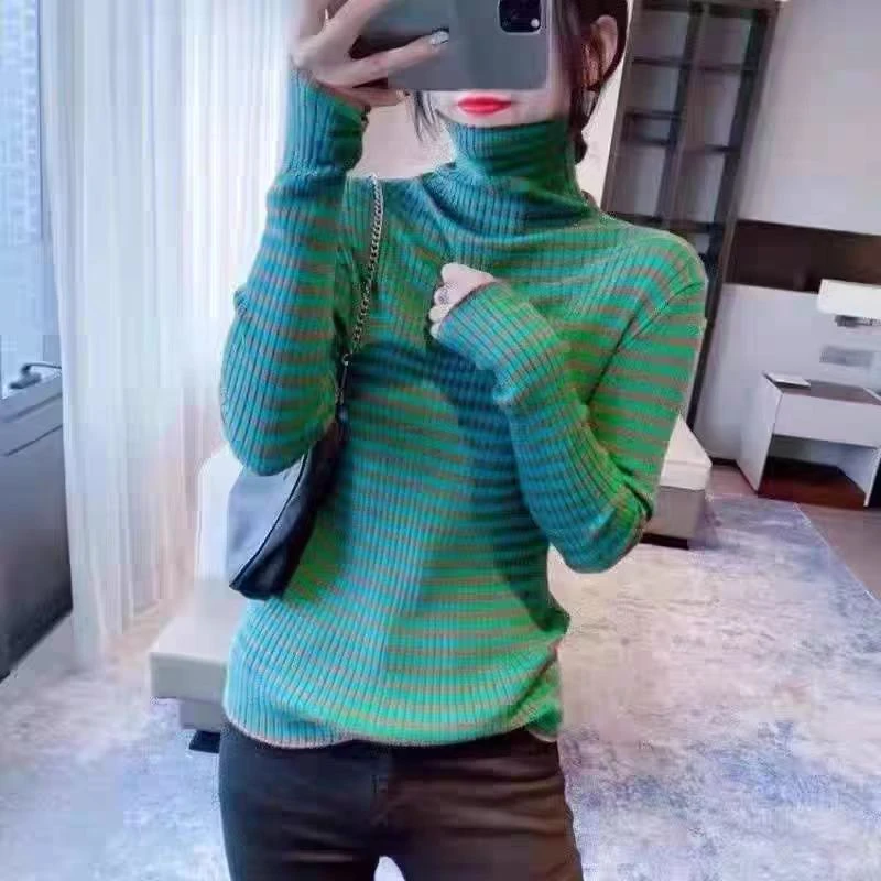 条纹高领毛衣堆堆领一体绒毛衣（内里绒不区分）