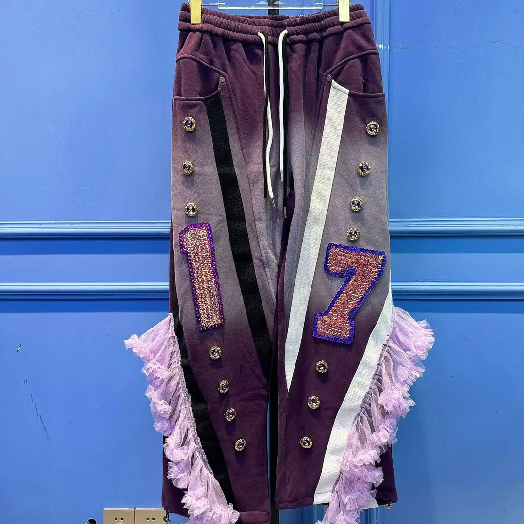 RR1782锐宝潮牌手工手绣亮片数字个性拼接工装风松紧腰设计休闲裤