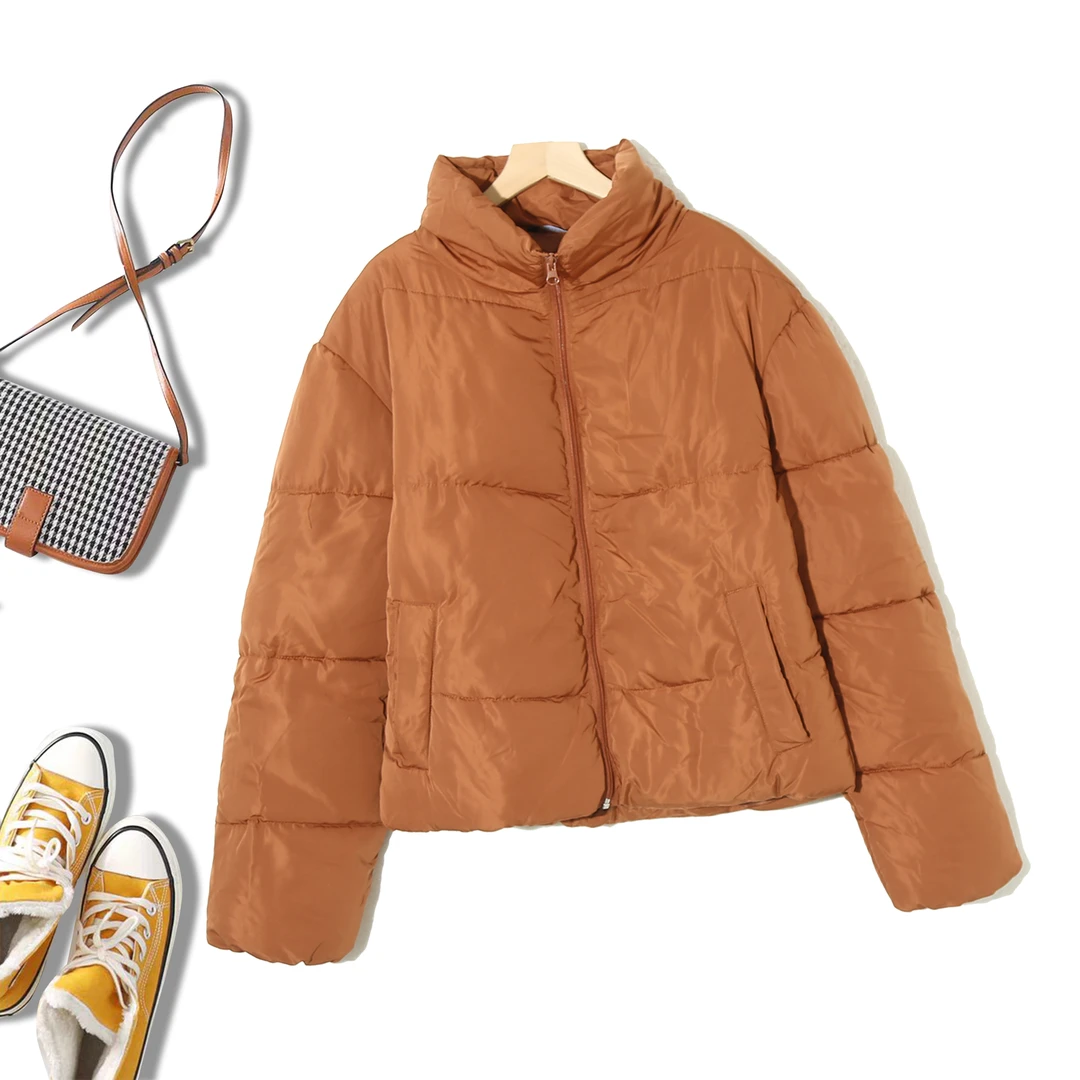 女士简约时尚爆款纯色立领冬季休闲风百搭潮流保暖棉服外套6C639