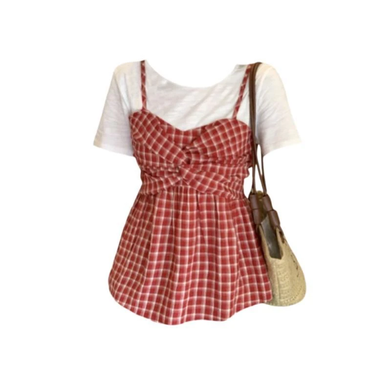 【现货】胖mm甜辣风拼接假两件短袖T恤女夏设计感收腰格子吊带上衣