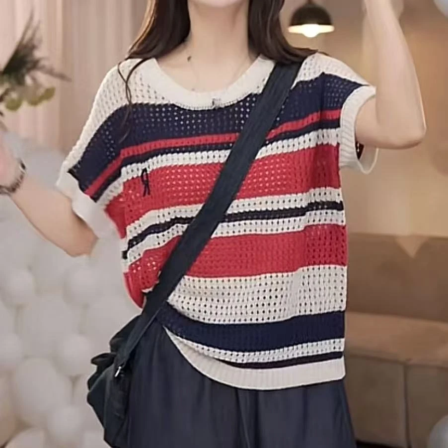 镂空撞色针织衫2025新款春夏时尚设计感气质薄款拼色显瘦罩衫上衣