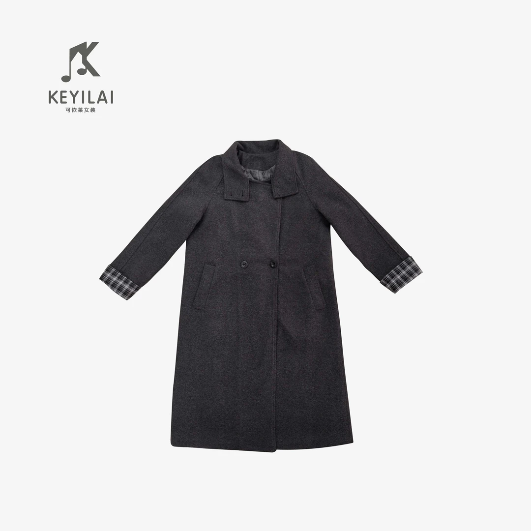 KYL可依莱-英伦时尚新立领格子撞色中长款风衣DY5C1P0598
