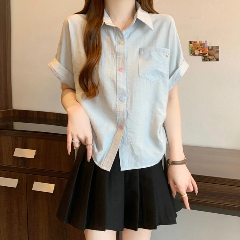 大码女装遮肚子POLO领抽绳短袖衬衫女2025夏季胖妹妹宽松短款上衣