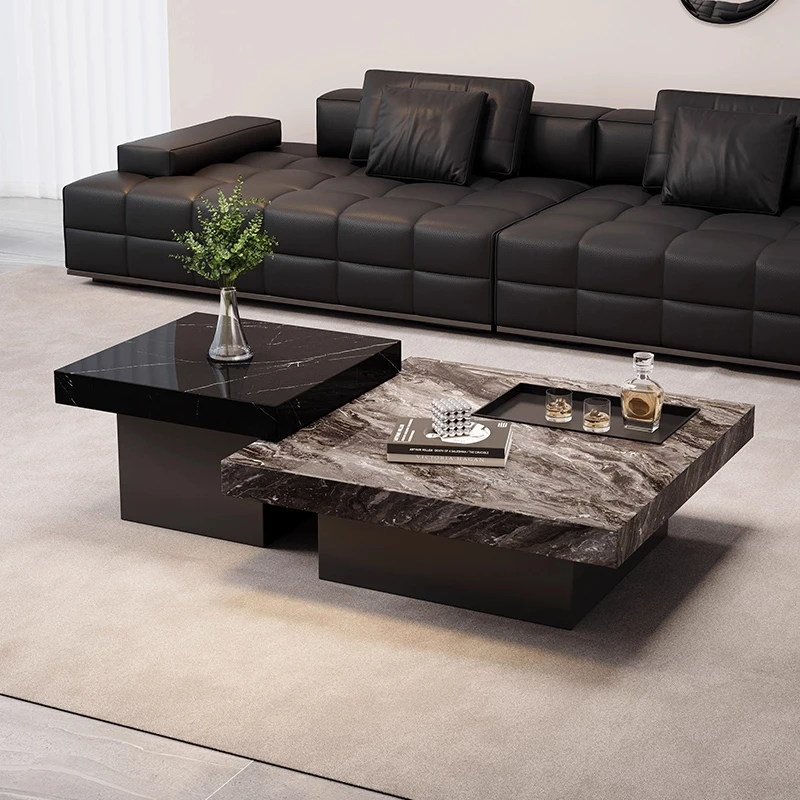 意式岩板茶几轻奢现代简约客厅家用大理石小户型方形高低组合