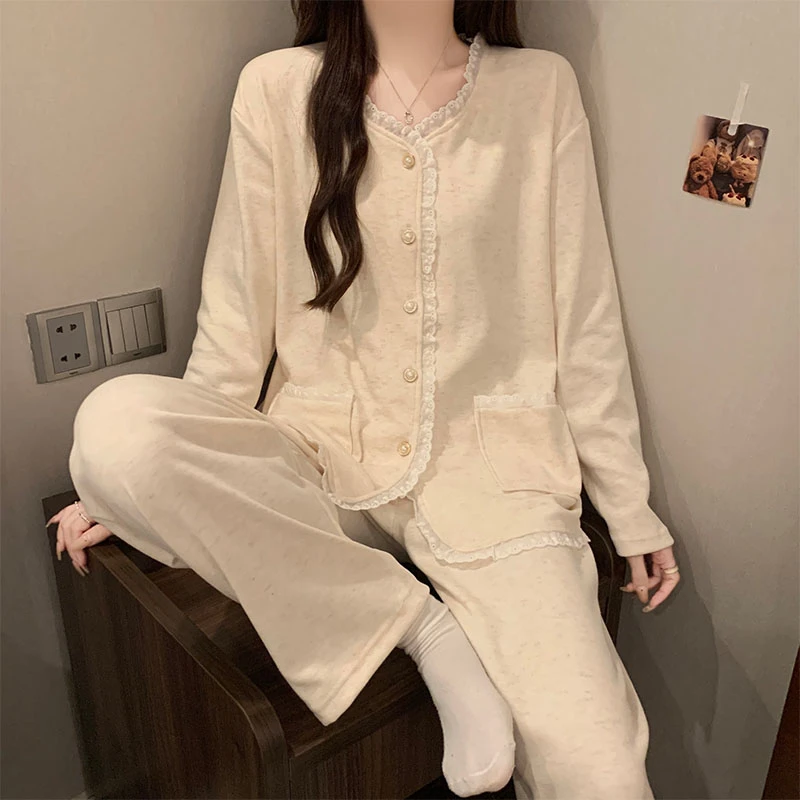 羊绒睡衣女春秋款薄绒韩系花边高级感长袖长裤秋冬季可外穿家居服