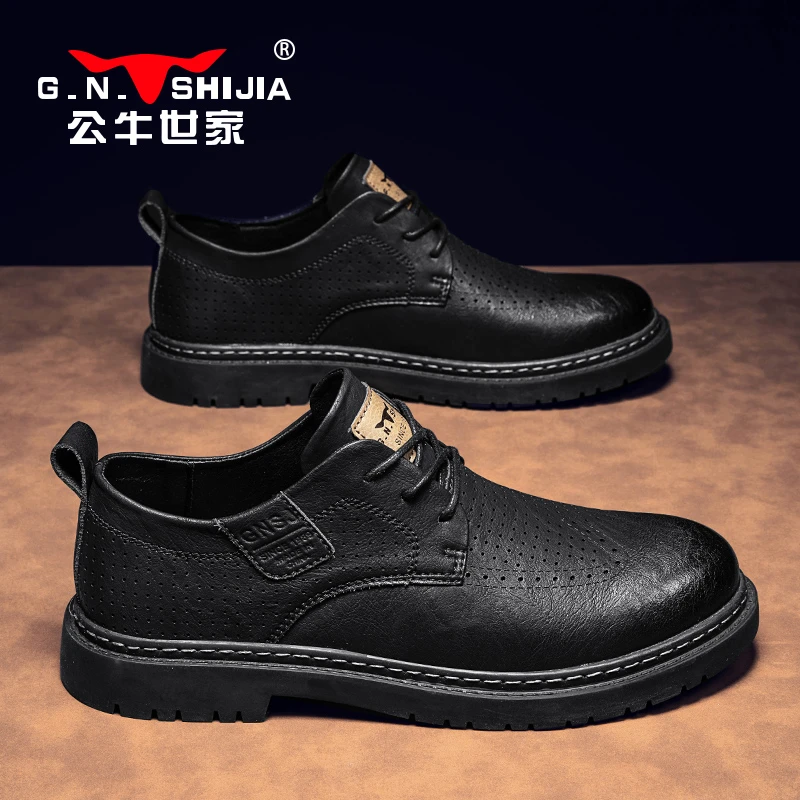 公牛世家皮鞋男款夏季软底透气防臭休闲男鞋镂空复古高端新郎婚鞋