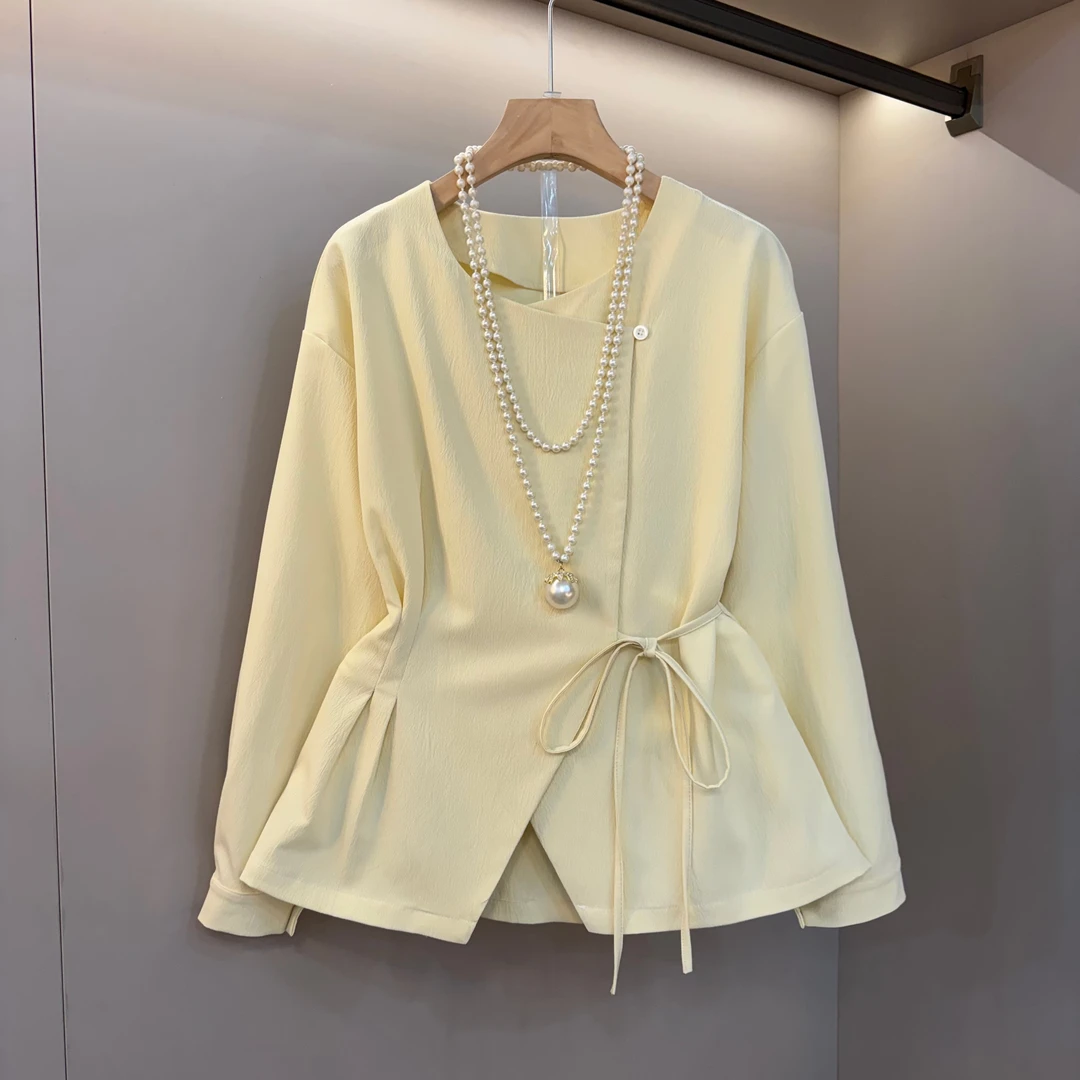 2025春季新款气质收腰时髦大码女装胖MM斜领不规则设计感上衣衬衫