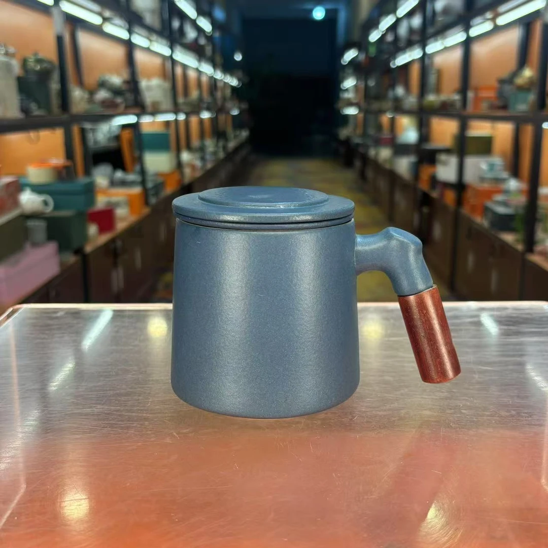 秋香茶具  路宝蓝陶瓷三件套办公杯茶水分离杯-6412