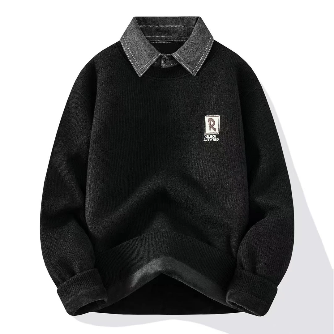 【一体绒】假两件加绒加厚圆领套头针织衫男士打底衫-85001