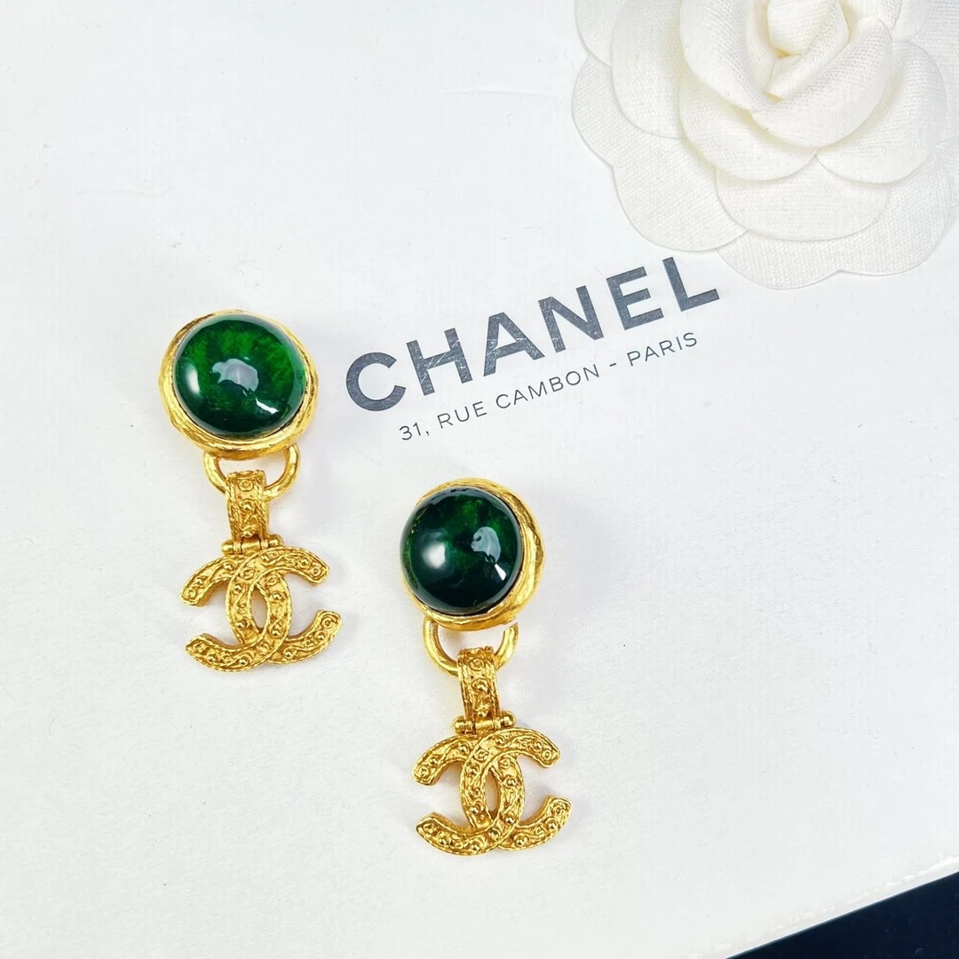 95新 Chanel/香奈儿 柚礼中古/香奈儿葡萄藤绿琉璃耳夹CQ508029