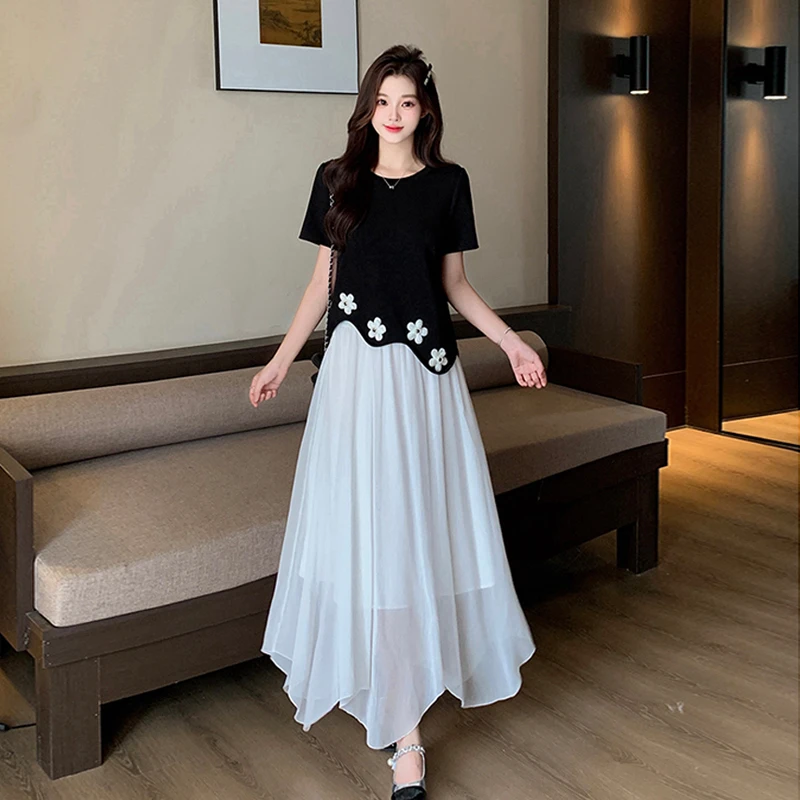 2025夏装新款胖mm大码女设计感花朵不规则短袖上衣半身裙套装