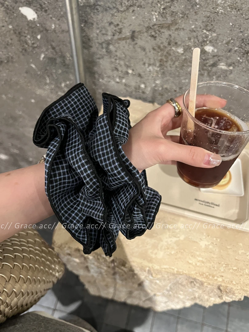 Grace Acc 韩系孔雀蓝格子双层大肠发圈~2025新款ins藏蓝时尚发饰