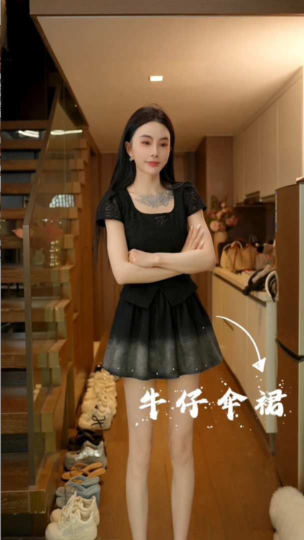 磊磊【巴黎罗曼史】牛仔裙 重工原创水洗牛仔晕染烫钻半身裙#88135