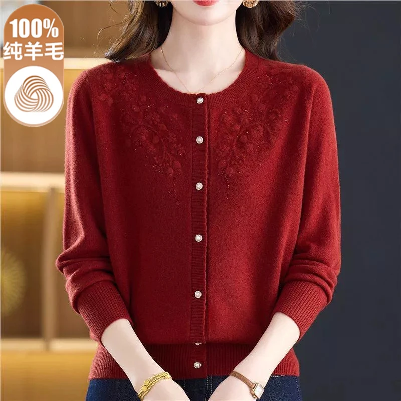 圆领绣花羊毛开衫女100%纯羊毛上衣服2025新款秋冬妈妈装毛衣外套