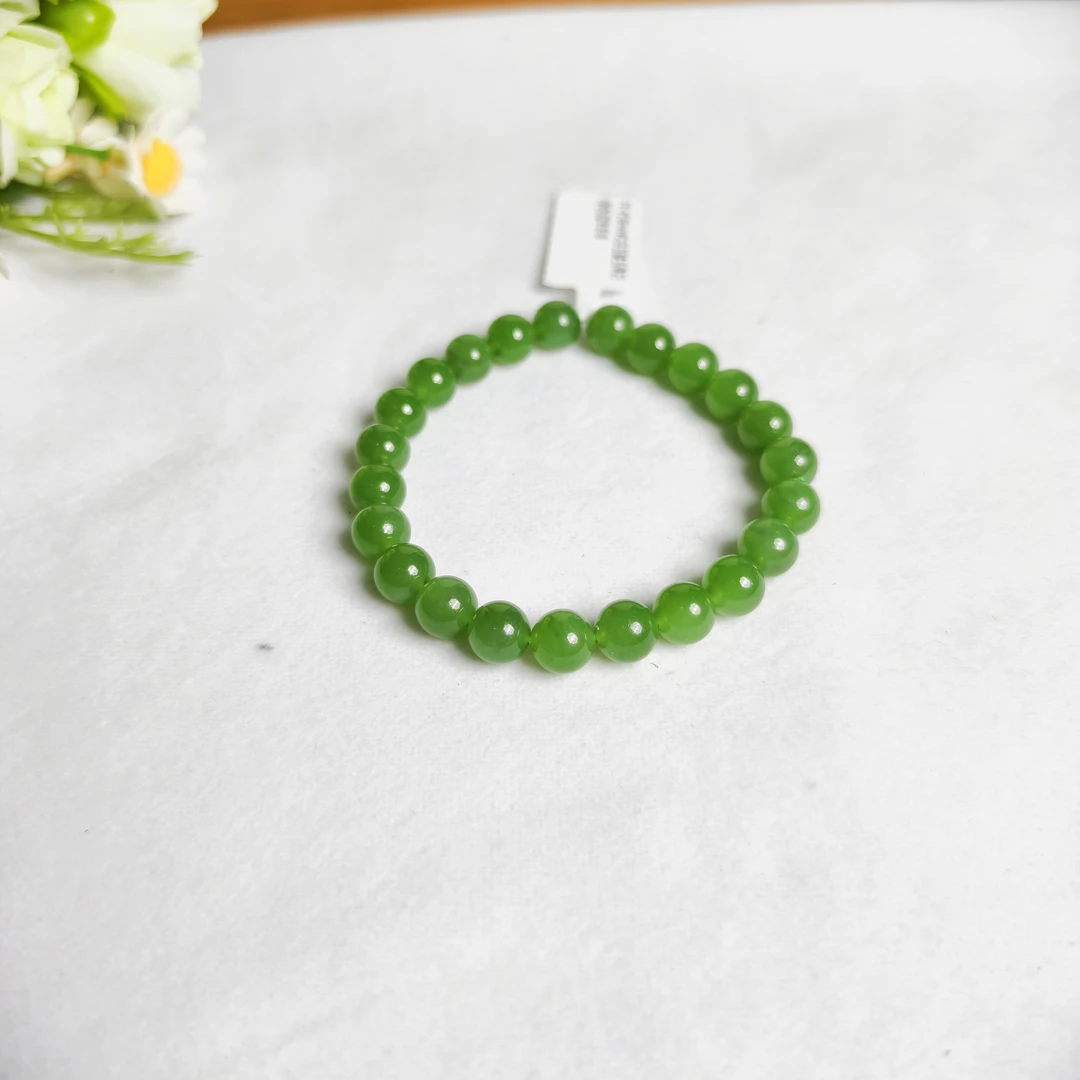 约8mm和田玉碧玉果阳绿色圆珠手串