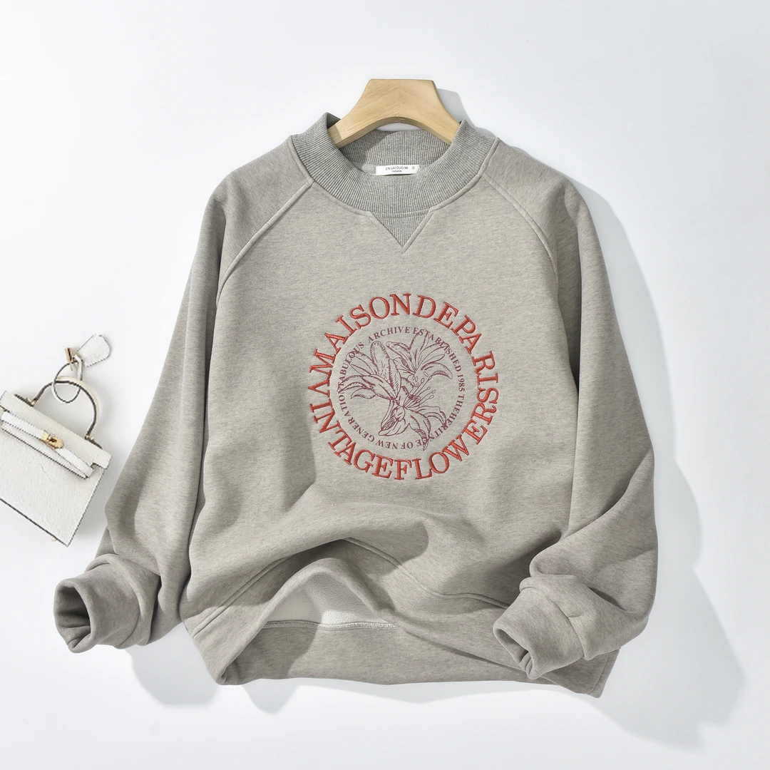 【百合花】冬季新款半高领重工刺绣加绒加厚圆领休闲长袖卫衣355-2