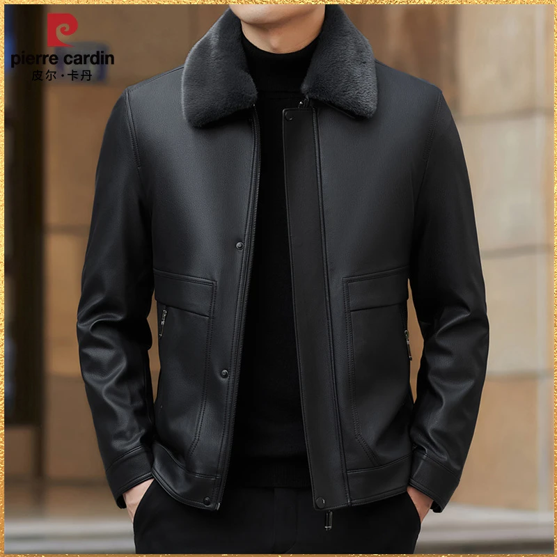 皮尔卡丹皮毛一体可脱卸外套加绒休闲男装高档皮衣冬季保暖皮夹克