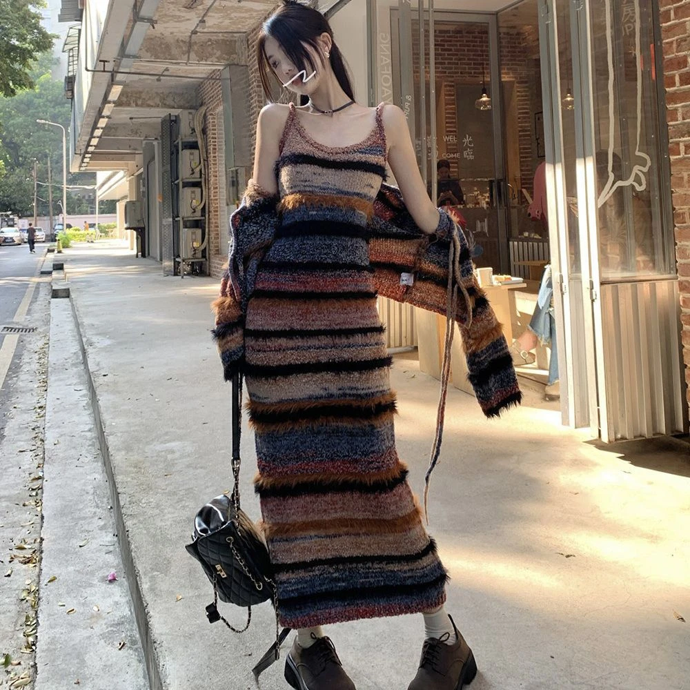 薄款撞色条纹针织套装女蝴蝶系带毛衣开衫外套秋冬季新款吊带连衣