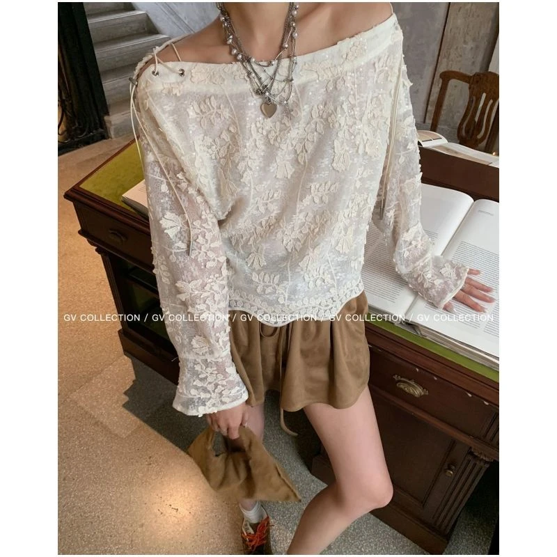 初秋新款法式设计感氛围感露肩长袖白色衬衫上衣半身裙两件套装女