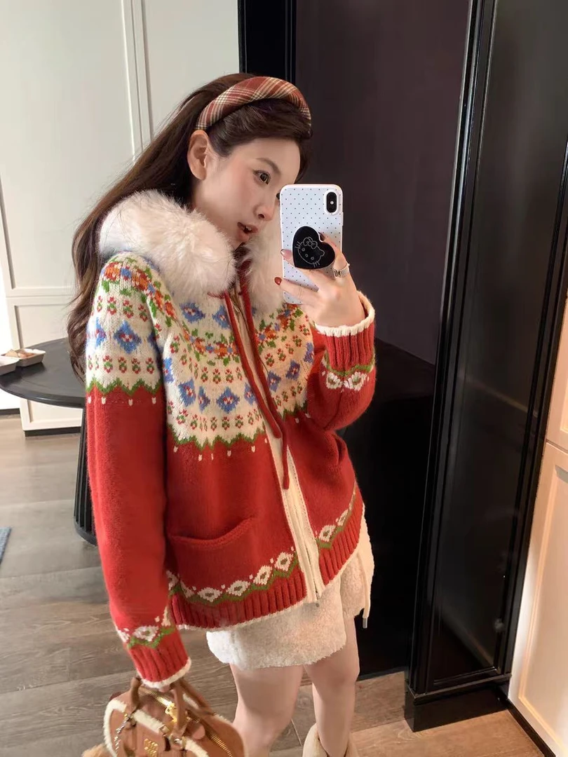 加厚毛领费尔岛连帽毛衣女秋冬撞色新款红色复古慵懒针织外套开衫