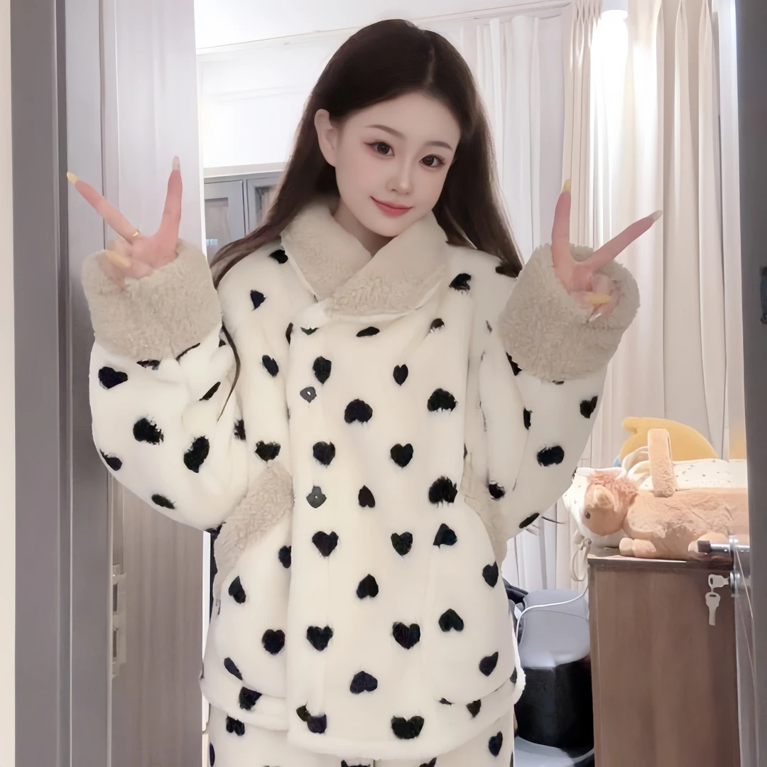休闲可爱加绒加厚珊瑚绒睡衣女韩系甜美冬季新品舒适保暖外穿套装