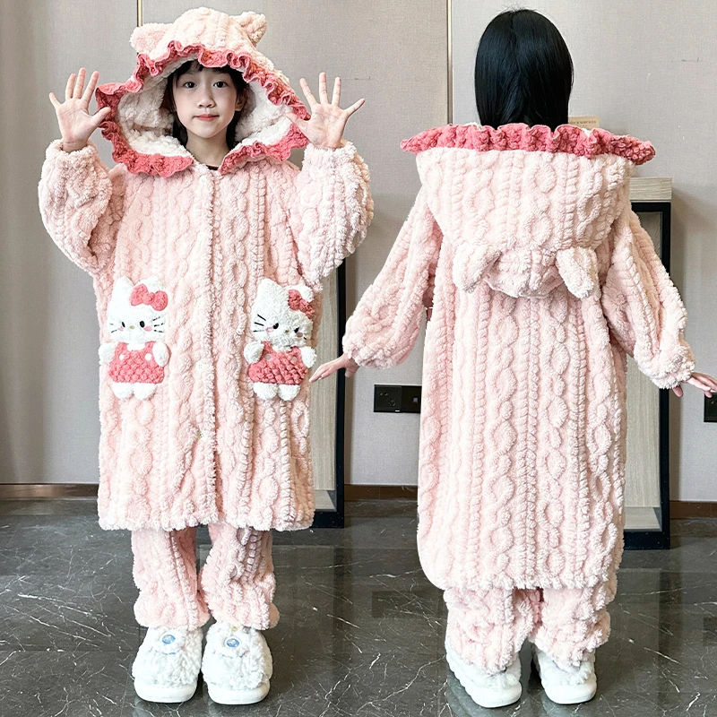 冬季儿童睡衣法兰绒女童睡袍新款加绒加厚外穿女孩洋气家居服套装