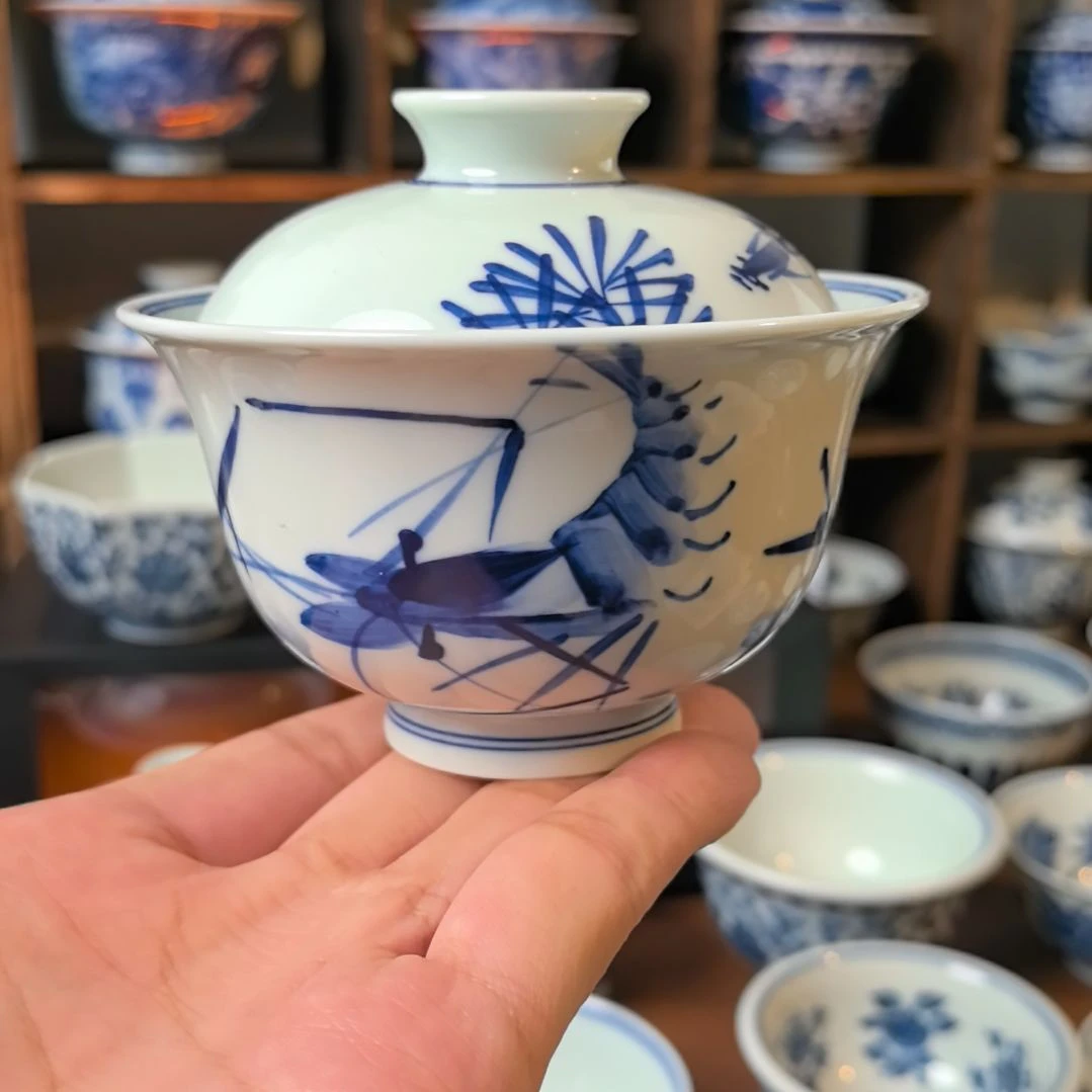 青花写意虾盖碗120cc