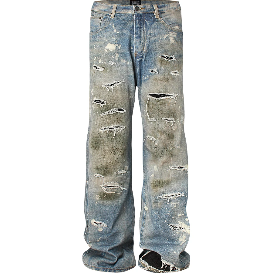 PunkFK新品2021M版型康利数码印花真破洞补丁宽松baggy牛仔破洞裤
