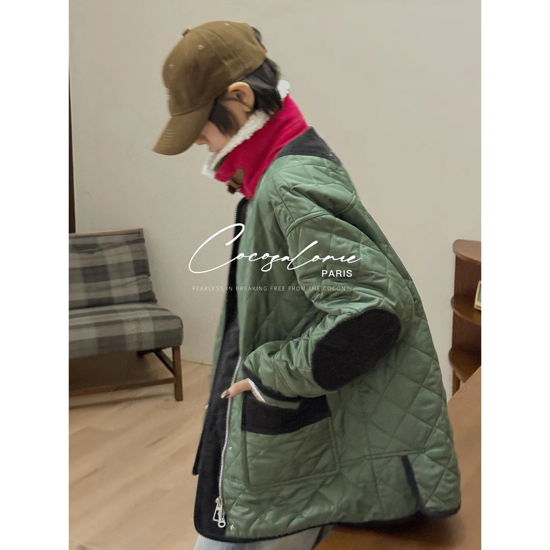 韩彬彬"将军"2025年女款流行外套秋冬拼接绵羊毛领撞色棉服3173-7