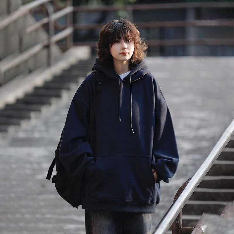 纯色连帽简约卫衣春秋款男女宽松休闲情侣内搭慵懒风上衣2025新款