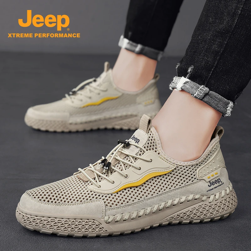 jeep吉普真皮男鞋2025冬季新款透气网面鞋户外软底防滑运动徒步鞋