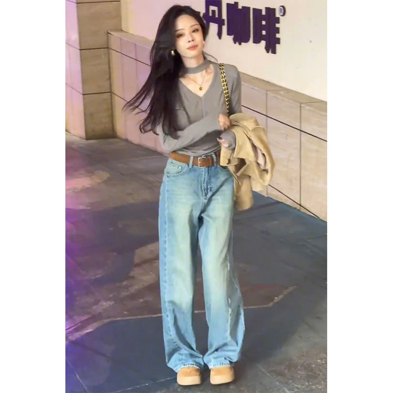 2025年秋季时尚纯欲V领长袖上衣百搭宽松牛仔裤子韩版显瘦两件套